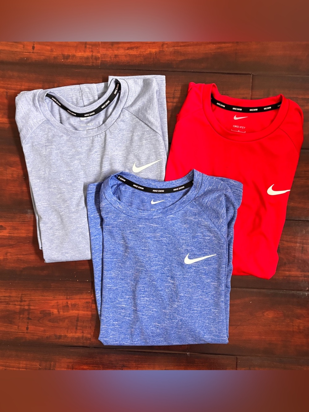 Nike Mens Short Sleeve swim Tee Trio - Red, Blue, Light Gray blue